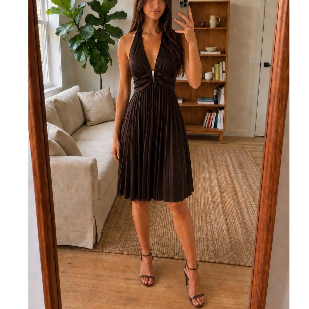 Vintage Blondie Nites Halter Dress S Brown‎ Pleated Beaded Y2K Party Hoco Prom